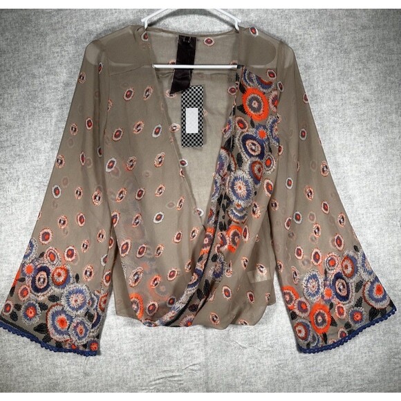 Moon Collection Womens Multi Colored Low V Neck Long Sleeve Casual Sheer Top Sm - Picture 1 of 7